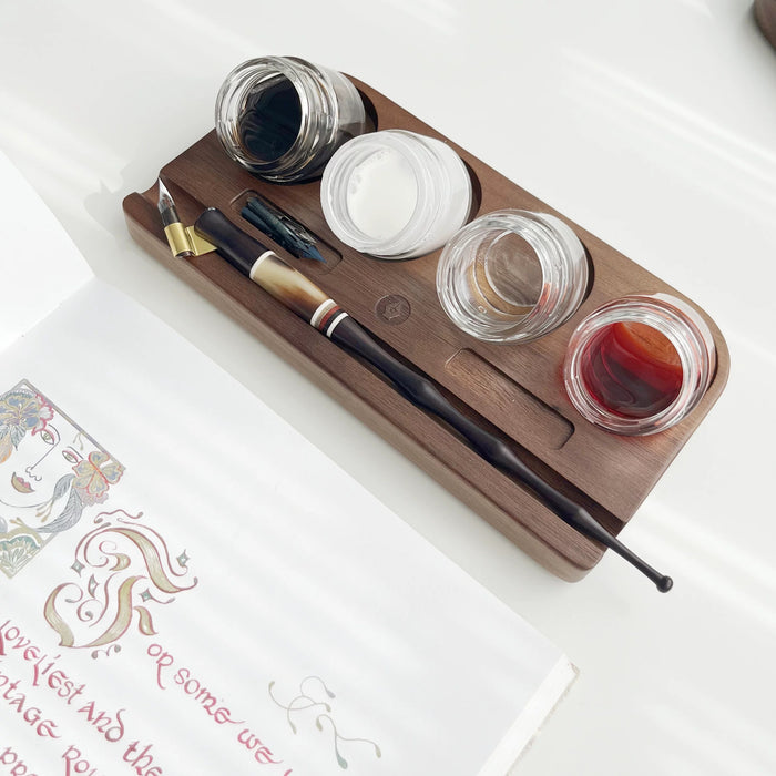 Walnut Wood Inkwell and Pen Holder