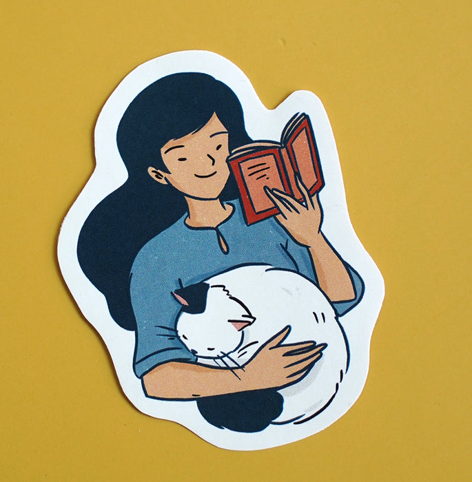 Reading with Cat Sticker