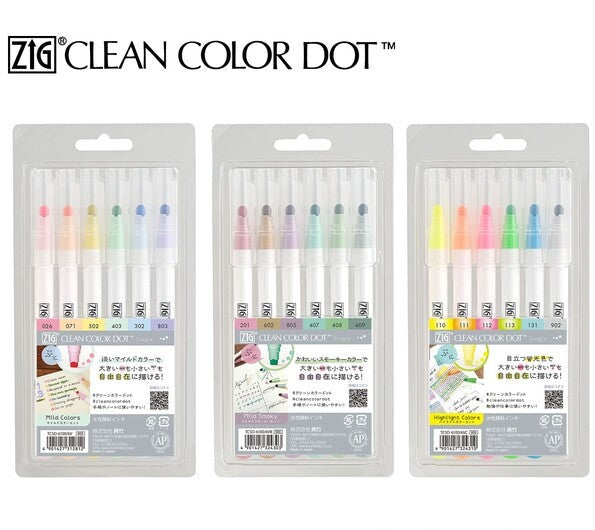 Kuretake - ZIG - Clean Color - Dot - 6 Color Set - Single Tip - Mild