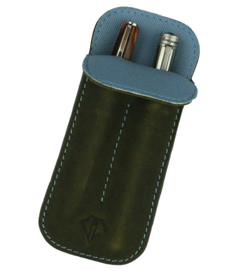 Dee Charles Leather Double Pen Case // Olive Blue