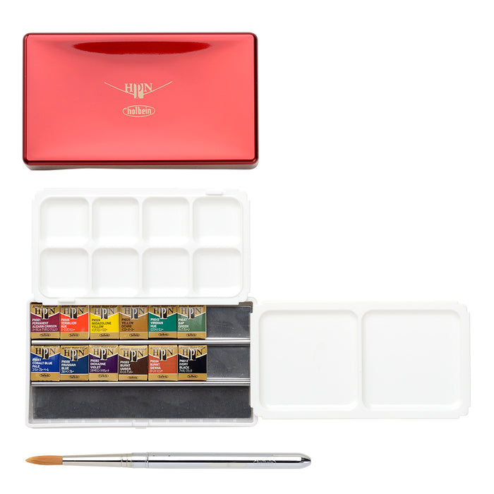 Holbein Artist's Palm Box Plus Watercolors in Half Pans (12)