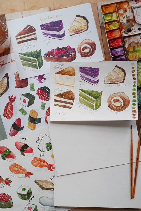 Art With Stickerrific: Sushi & Cakes Watercolor Coloring Pages