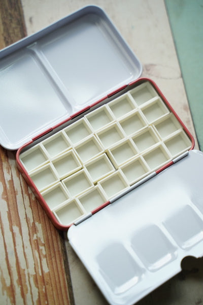 Enamel Metal Box for Watercolour with 24 Half Pans // Coral Red