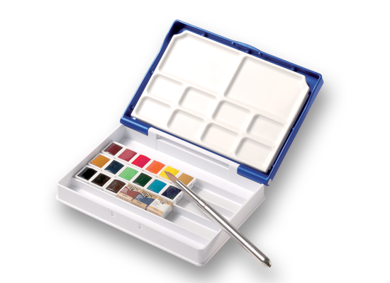 Holbein Artist's Palm Box Plus Watercolors in Half Pans (18)