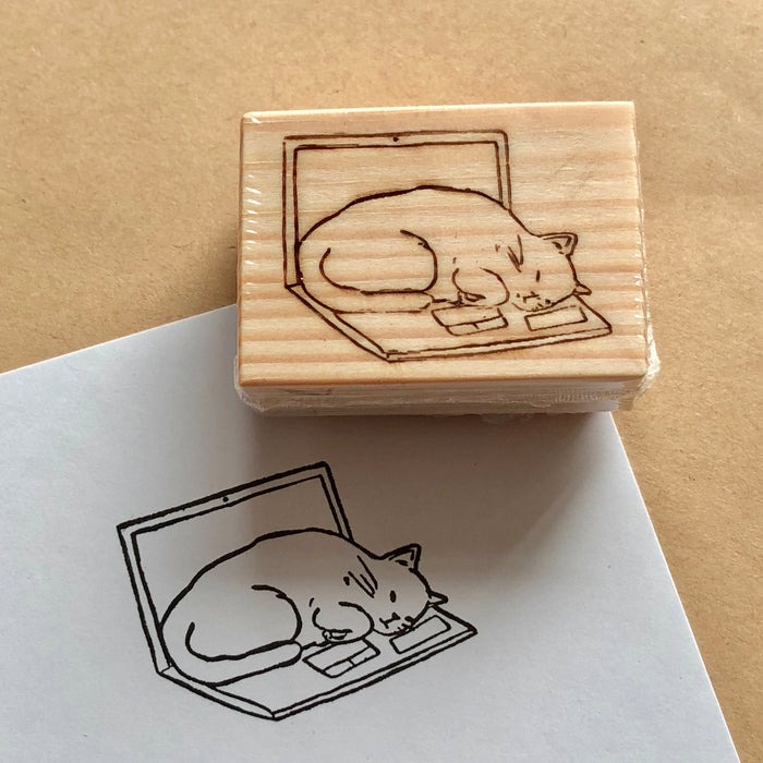 Cat on Laptop Rubber Stamp